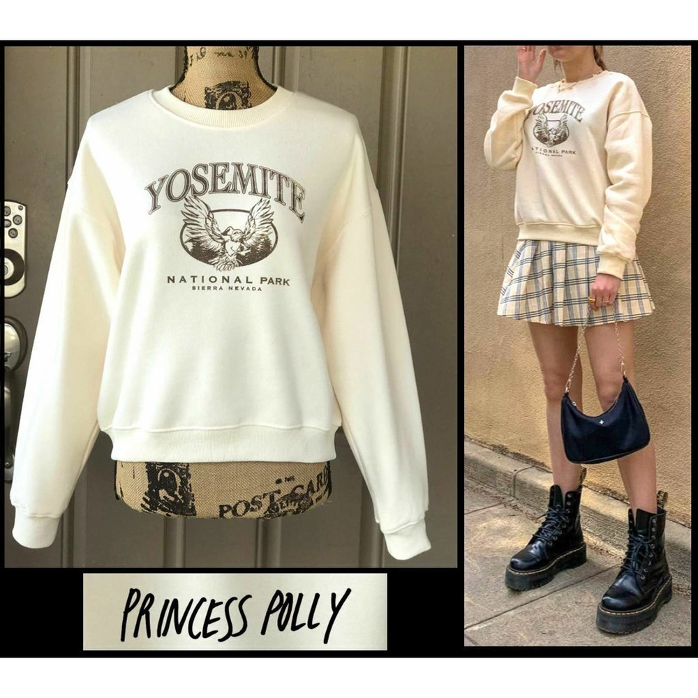 Princess Polly YOSEMITE Oversize CrewNeck Sweatshirt Cream SIZE 10